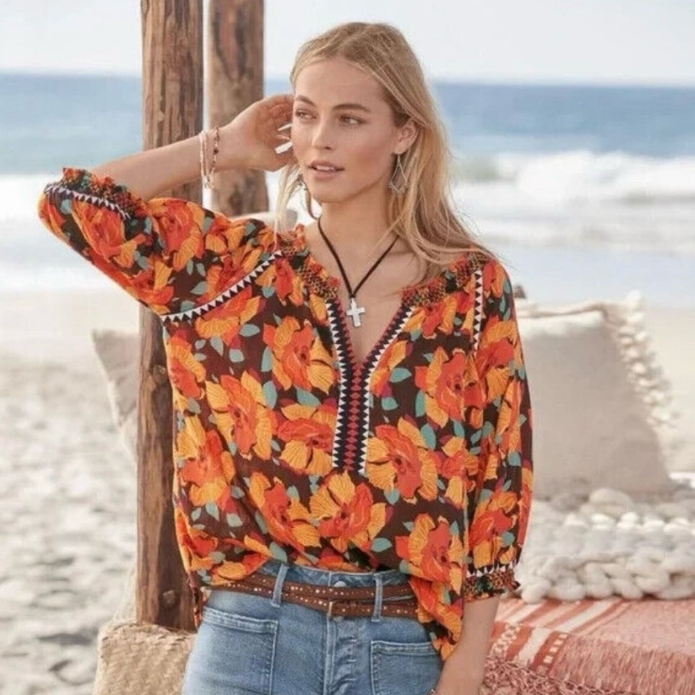 Sundance Hibiscus Bloom Floral Embrodiered Top XS Tropical Boho Beachy Casual